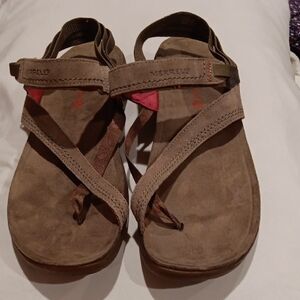 Merrell Kangatoo Leather 11 Tan and Red Performance Sandals J57512 NWOT